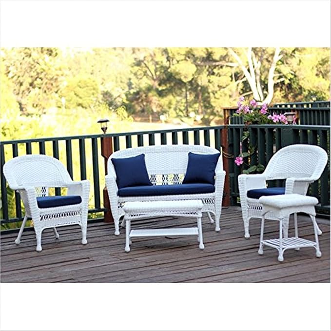 Jeco 5 Piece Resin Wicker Patio Conversation Set in White with Blue Cushions