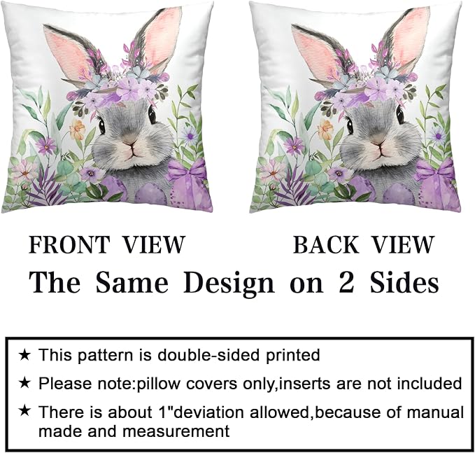 2 Pack Easter Throw Pillow Covers Floral Cross He is Risen Pillow Covers 18x18 Bunny Pillow Cases Purple Eggs Lovely Rabbits Cushion Cases for Home Farmhouse Spring Decor