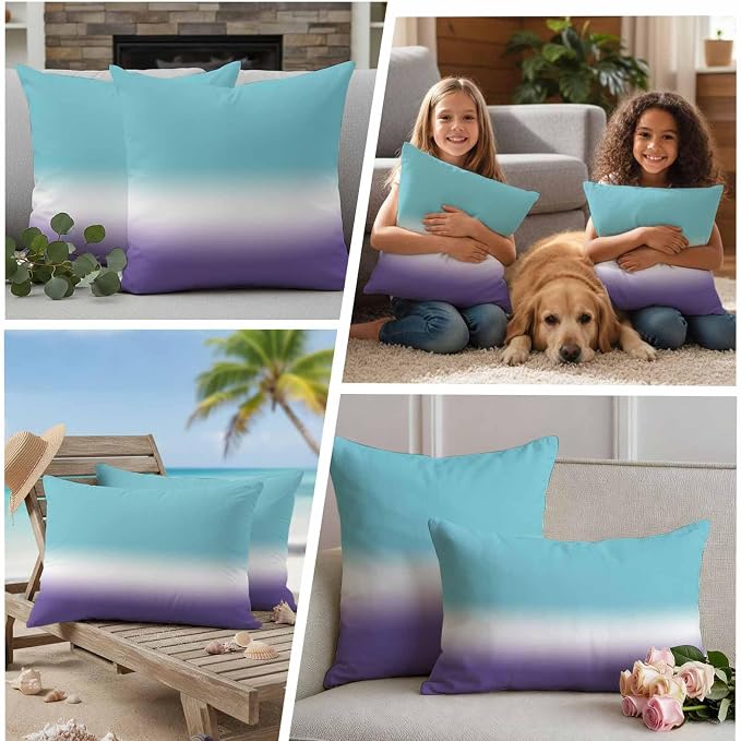 Gradient Blue Outdoor Waterproof Throw Pillow Covers Set of 2, 18"x18", Teal to Purple Decorative Pillow Covers Outside Cushion Case for Patio Porch Garden