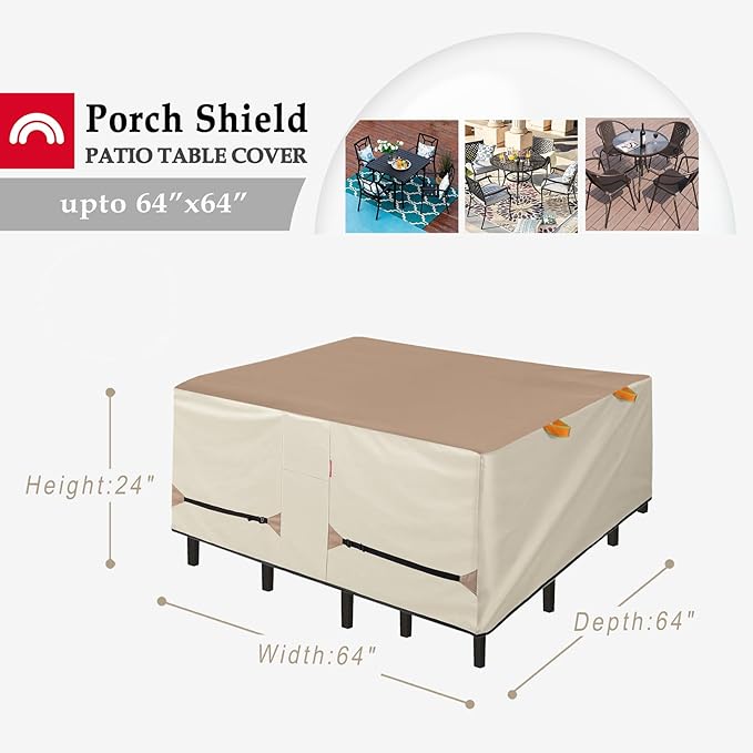 Porch Shield Patio Table Cover - Waterproof Outdoor Dining Table and Chairs Furniture Set Cover Square - 64 x 64 inch, Light Tan & Khaki