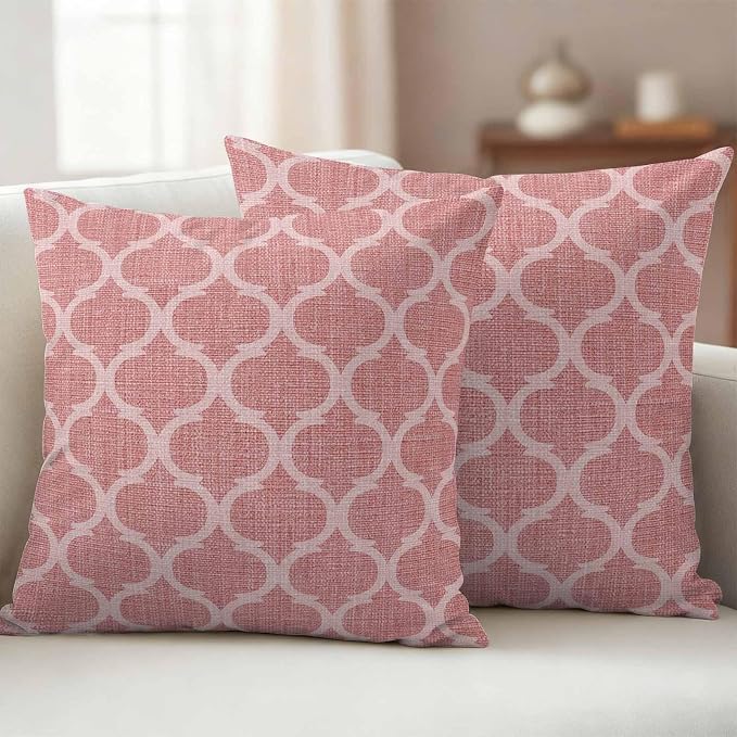 Coral Pink Morocco Outdoor Pillow Covers 18x18 Inch Throw Pillow Covers Set of 2 Waterproof Decorative Pillow Cases Vintage Geometric Plaid Mahbudium Cushion Covers for Patio Furniture Garden Couch