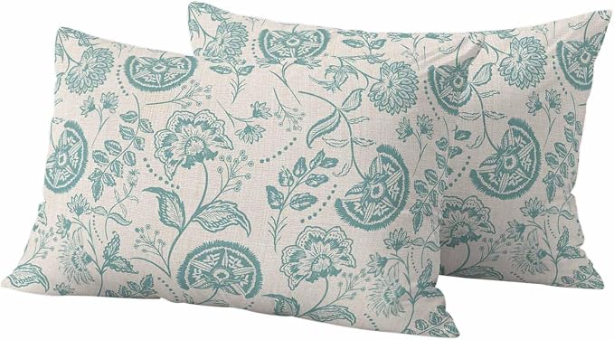 Outdoor Pillow Covers 20x12 Set of 2, Turquoise Spring Floral Waterproof Patio Throw Pillow Covers for Couch Sofa Chair, Farmhouse Retro Summer Botanical Decorative Pillowcases for Throw Pillows