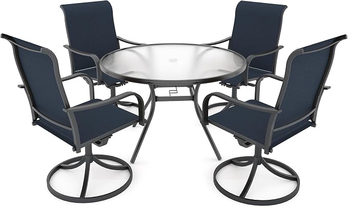 Anmutig 5-Piece Outdoor Patio Dining Set, 40" Round Glass Table with 4 Swivel Rocking Patio Chairs Furniture Set for Kitchen Garden, Backyard, Blue