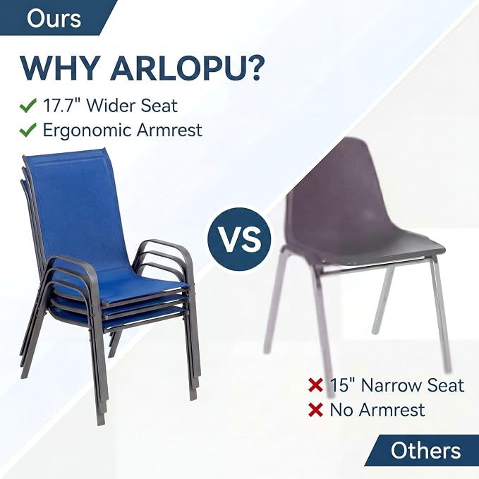 Arlopu 7-Piece Outdoor Table and Chairs for 6, Outdoor Dining Set W/Rectangle Glass Table and Patio Textilene Stackable Chairs, Patio Furniture Set W/Umbrella Hole (Black Table & Navy Blue Chair)