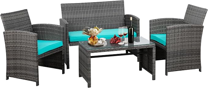 JAMFLY 4 Piece Outdoor Patio Furniture Set, Outdoor Wicker Rattan Chairs Conversation Sets with Cushions & Coffee Table for Outside, Garden, Balcony, Porch, Blue