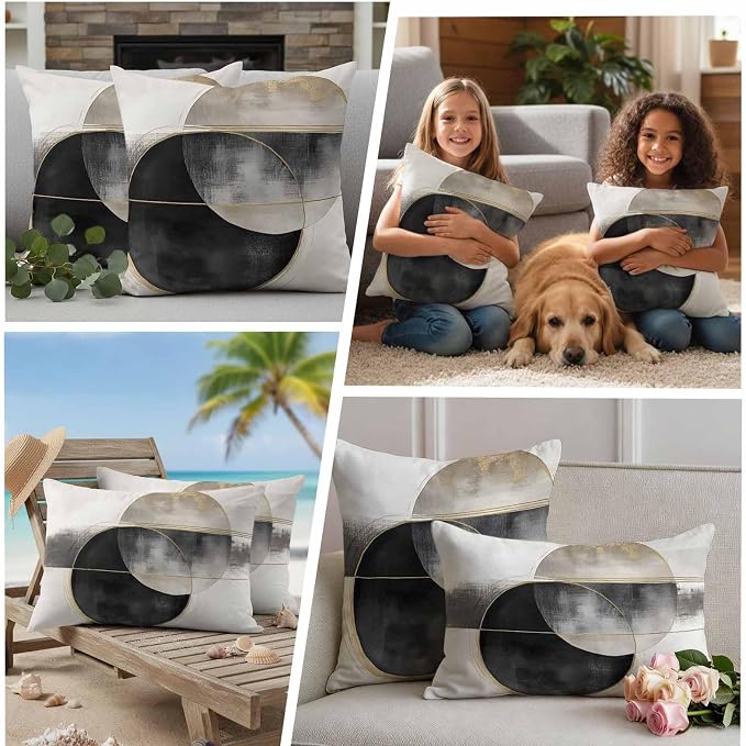 Abstract Art Outdoor Waterproof Throw Pillow Covers Set of 2, 20"x12", Mottled Geometric Moon Black Gold Circle Striped Decorative Pillow Covers Outside Cushion Case for Patio Porch Garden