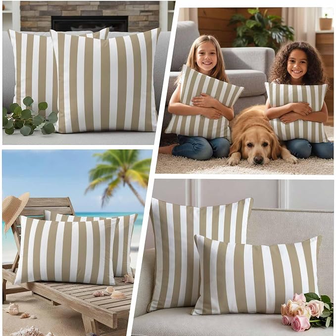 Beige Striped Outdoor Waterproof Throw Pillow Covers 16x16 Set of 2, Modern Farmhouse Beige White Stripes Decorative Pillowcases Cushion Pillowcase for Couch Sofa Patio Outside Pillow Protector