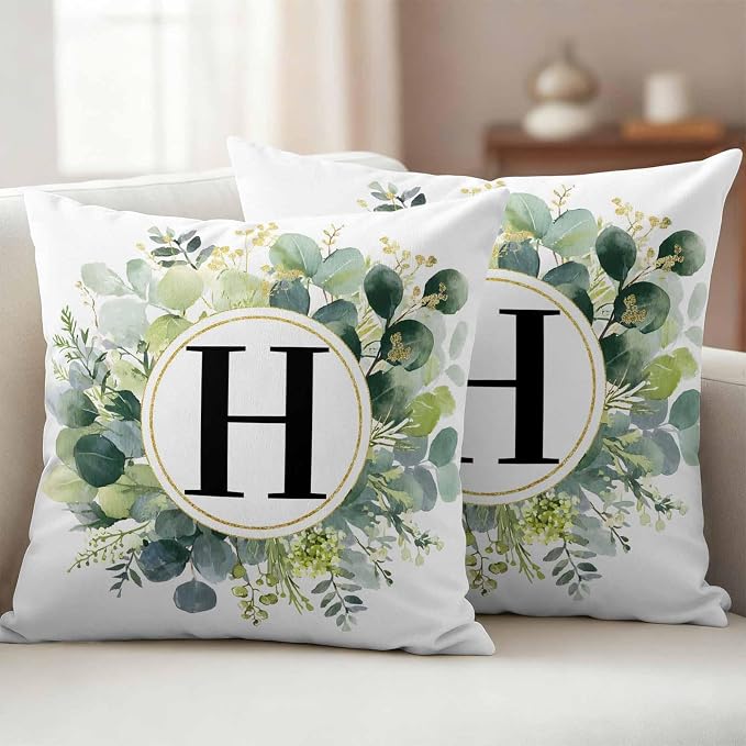 Letter H Waterproof Outdoor Pillow Covers Set of 2 Home Decor, Alphabet Green Eucalyptus Leaves Pillowcase Patio Pillow Covers for Couch Bench Patio Furniture Garden 18x18in