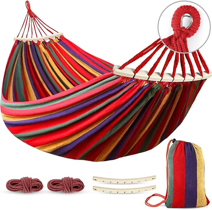 MOSFiATA Hammocks Portable Camping Hammock Upgraded 550lb Comfortable Fabric Hammock with Two Anti Roll Balance Beam and Sturdy Tree Straps for Camping, Patio, Backyard, Outdoor (Colorful Stripe)