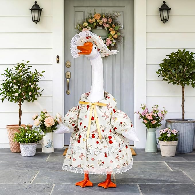 Spring Porch Goose Outfit Strawberry Bow Porch Goose Clothes for 23 Inch Lawn Cement or Plastic Geese Statue Geese Skirt Costume with Hat Dress for Summer Outdoor Patio Garden Holiday Decor