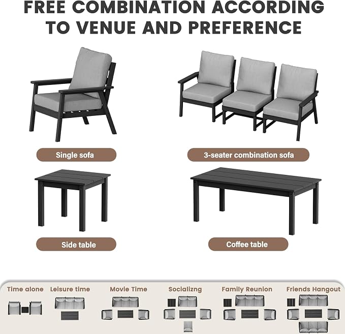 LOUNZY HDPE Patio Furniture Set, 10 Pieces Sectional Outdoor Furniture Set, All Weather Outdoor Couch Set Patio Conversation Set for Deck, Lawn, Black