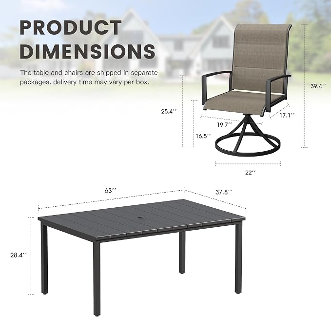 Outdoor Dining Set for 6, 63" Outdoor Dining Table with Umbrella Hole and Padded Textilene Patio Swivel Chairs, 7 Pieces Patio Table and Chairs Set for Garden Backyard, Mixed Brown and Black