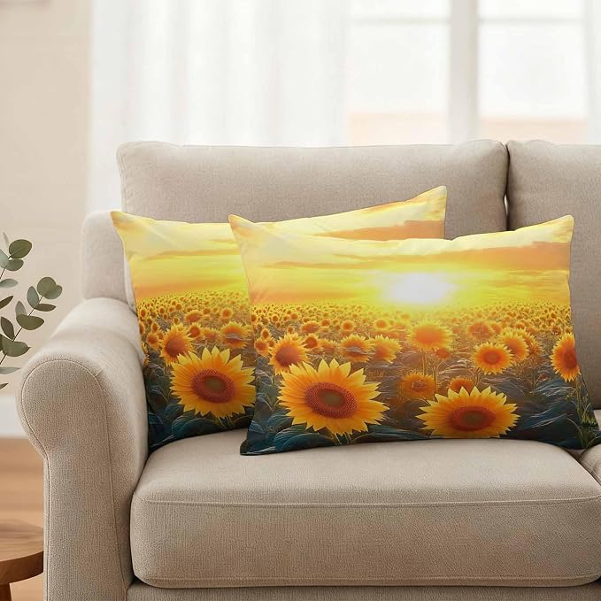 Summer Sunflower Waterproof Outdoor Pillow Covers Set of 2 Home Decor, Watercolor Pastoral Botanical Floral Pillowcase Patio Pillow Covers for Couch Bench Furniture Garden 20x12in