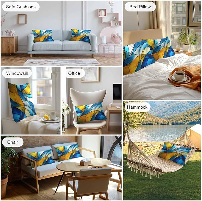Abstract Art Outdoor Waterproof Pillow Covers Set of 2, Blue Yellow Gradient Wavy Lines Geometric Modern Pillowcase Decorative Throw Cushion Cases for Patio Garden Couch 20 x 12 Inches
