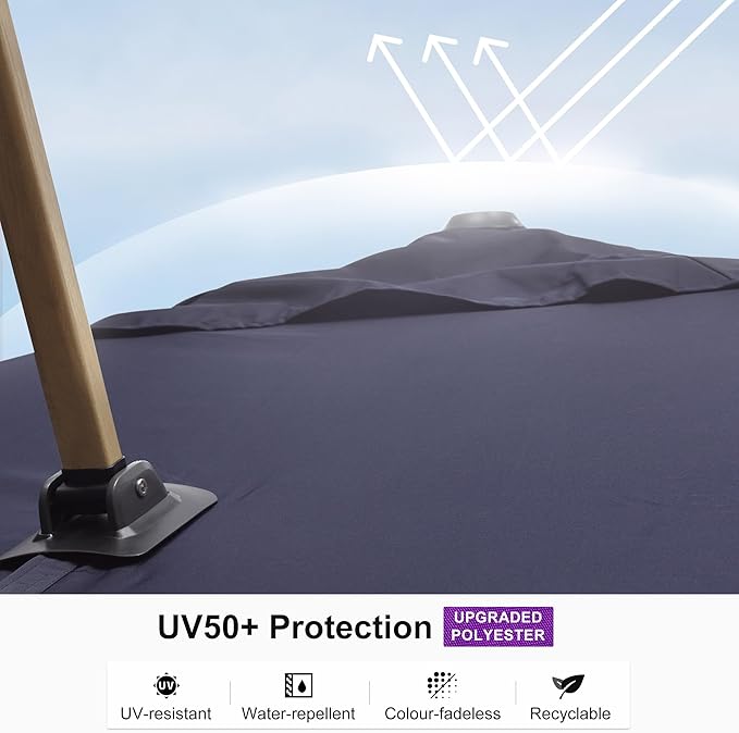 PURPLE LEAF 9' x 12' Rectangle Patio Cantilever Umbrella Large Hanging Umbrella Teak Finished Aluminum Frame Windproof Offset Outdoor Sun Umbrellas for Beach Pool Deck, Navy Blue