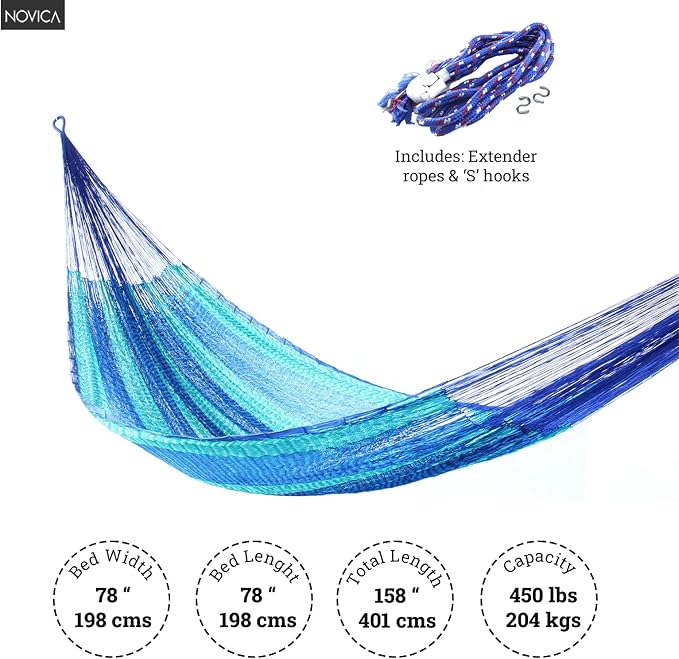 NOVICA Artisan Cool Lagoon Striped Mayan Hammock, Handmade Blue and Green Nylon Rope Double Hammock from Mexico, Bed 78" L x 78" W, Total 158" L