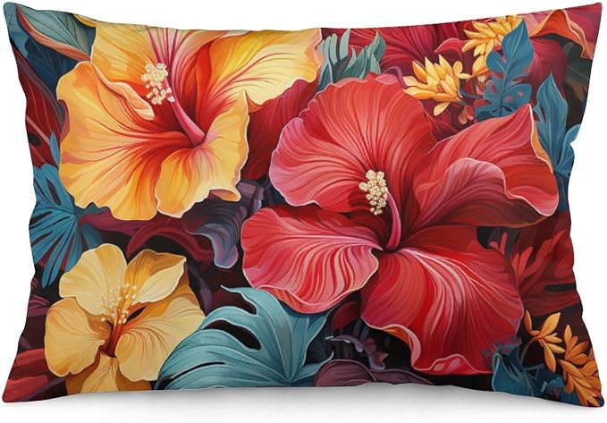 Outdoor Pillows for Patio Furniture Tropical Flower Printed with Colorful Leaves Cushion Case Hawaiian Flower Queen Pillowcase Pillowcase Queen Zippered for Sofa/Couch/Porch 12 "x20
