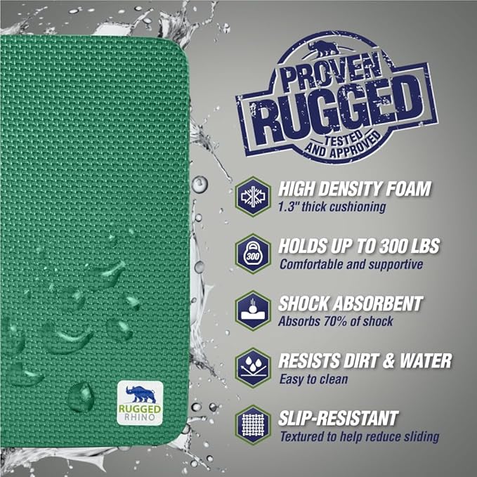 RUGGED RHINO Heavy Duty Kneeling Pad for Work, Shock Absorbent Thick Knee Pads, Holds Up to 300 lbs, Protect Knees from Hard Concrete Surfaces For Mechanics, Yard Gardening, Home Gym, Pine Green