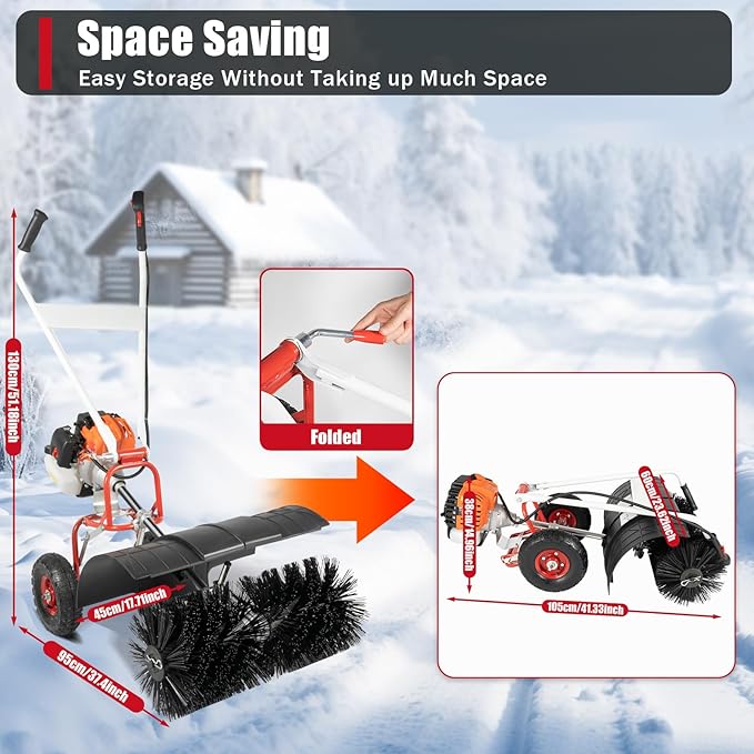 2.5HP 52CC Gas Power Handheld Sweeper, Driveway Turf Snow Broom Brush Cleaner Artificial Grass Walk Behind Turf Brush Electric Lawn Power Outdoor Road Street High Performance Cleaner