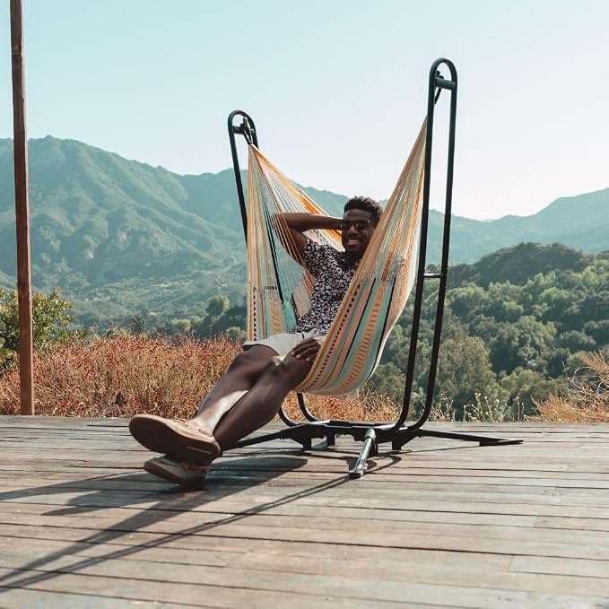 Handwoven Hammock & Charcoal Vista Stand by Yellow Leaf Hammocks - Hanging Chair, Fits 1 Person, 330lb max - Weathersafe, Easy to Hang & Setup, Ultra Soft, Artisan Made - Hammock Color: Natural Khaki