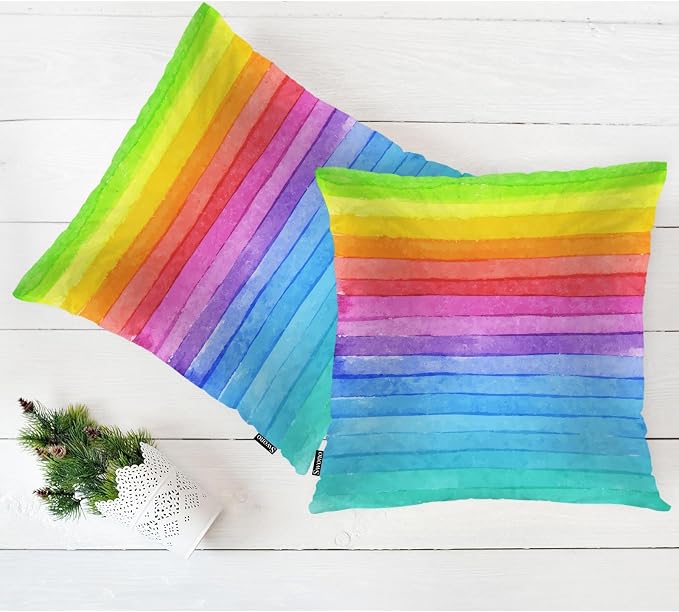 Swono Rainbow Striped Throw Pillow Covers, Watercolor Rainbow Lines Set of 2 Pillow Cases Decorative 18 X 18 Inches, Soft Cushion Cover Pillowcases for Bedroom, Living Room, Cushion Sofa