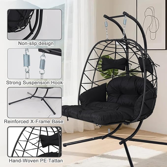 Double Egg Hammock Chair with Stand, Swing Egg Chair, Wicker Hanging Chair with Washable Cushion - Sturdy Metal Stand, 600lbs Capacity for Indoor Outdoor Patio Living Room Etc (Black+Black)