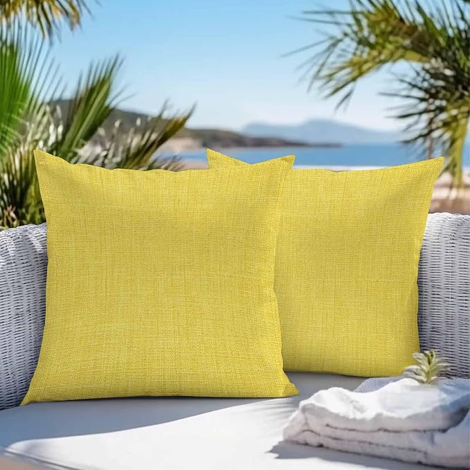 Pack of 2 Waterproof Outdoor Pillow Covers 24x24 Inch Decorative Pillow Covers Yellow Burlap Texture Throw Pillowcases Farmhouse Vintage Yellow Outdoor Cushion Cover for Couch, Patio, Tent