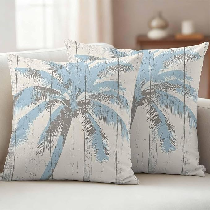 Palm Trees Outdoor Waterproof Throw Pillow Covers Set of 2, 16"x16", Light Blue Vintage Wood Grain Decorative Pillow Covers Outside Cushion Case for Patio Porch Garden