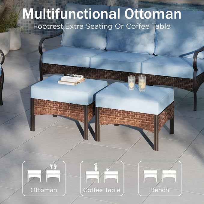 PHI VILLA Patio Furniture Set, Upgraded Wicker & Metal Modern Outdoor Conversation Sets Patio Sectional Rocking Chair Set with Coffee Table & Waterproof Thick Cushions for Porch, Deck(6 Pieces, Blue)