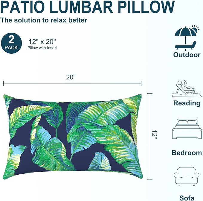 DYTXIII Pack of 2 Waterproof Outdoor Lumbar Pillow with Inserts, 12x20 in Rectangle Decorative Patio Throw Pillow for Home, Sofa,Bench and Patio Furniture, Hanalei Lagoon