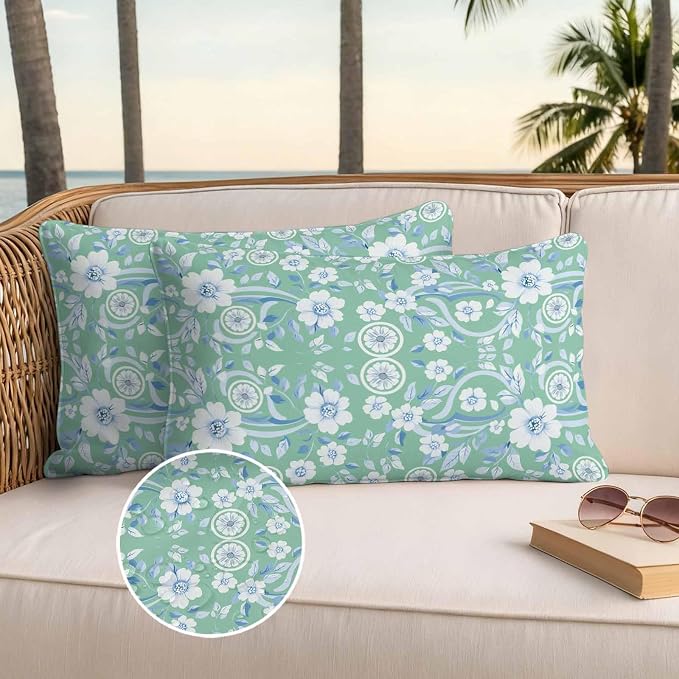 Light Green Blue Floral Waterproof Outdoor Pillow Covers Set of 2 Home Decor, Vintage Pastoral Botanical Pillowcase Patio Pillow Covers for Couch Bench Furniture Garden 20x12in