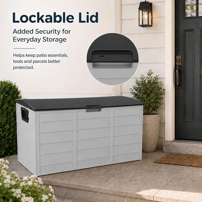 75 Gallon Resin Deck Box, Waterproof Outdoor Storage Box with Wheels, Lockable Lid and Handles, Large Deck Storage for Outdoor Gear, Patio Furniture Cushion, Gardening Tools, Black
