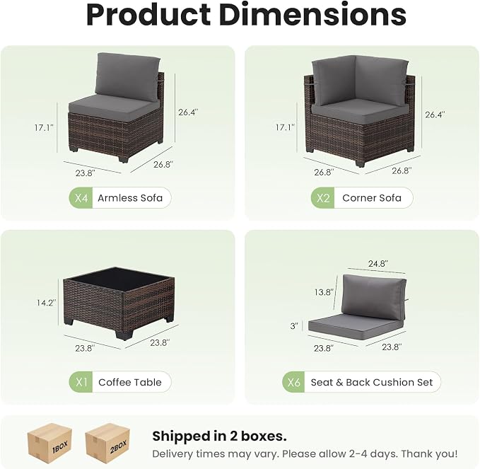 Soohow 7-Piece Patio Furniture Set, Outdoor Conversation Set, Thickened All-Weather Rattan Sectional Sofa with Tempered Glass Table for Garden, Porch, Backyard - Grey Cushions