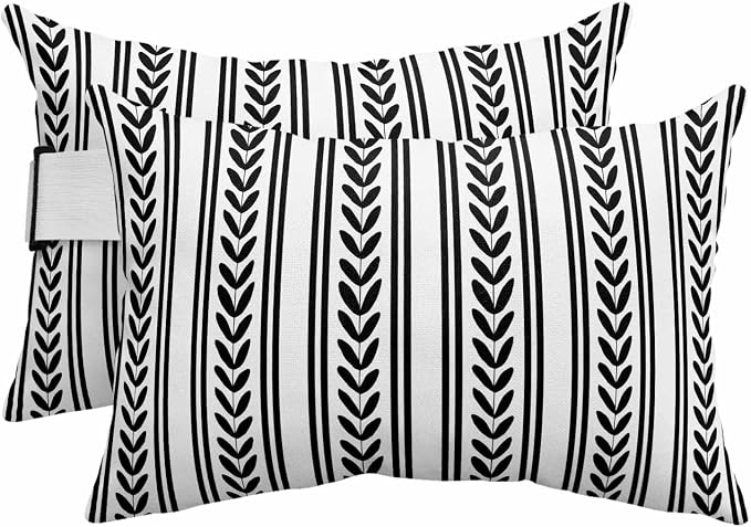 2PCS Outdoor Pillow for Chaise Lounge Chair Geometric White Black Leaves Stripe Waterproof Headrest Cushion with Insert Modern Ethnic Texture Lumbar Pillow for Beach Patio Poolside Office,11x16in