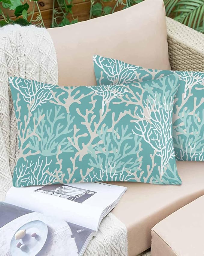 Pack of 2 Outdoor Pillow Covers 20x12 Waterproof Aqua Teal Coral Coastal Throw Pillow Covers, Decorative Pillowcases Nautical Ocean Marine Organism Cushion Covers for Patio Garden Couch Pillow Case
