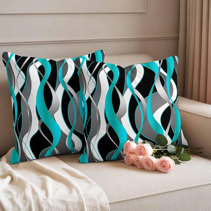 Outdoor Pillow Covers Set of 2, Distortion Blue Stripes Decorative Throw Pillow Covers 16X16IN, Abstract Geometric Art Throw Pillows Protector Cushion Case for Patio,Couch,Sofa,Garden
