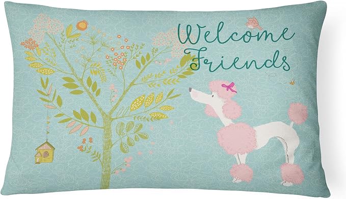 Caroline's Treasures BB7613PW1216 Welcome Friends Pink Poodle Canvas Fabric Decorative Pillow Machine Washable, Indoor Outdoor Decorative Pillow for Couch, Bed or Patio, 12HX16W