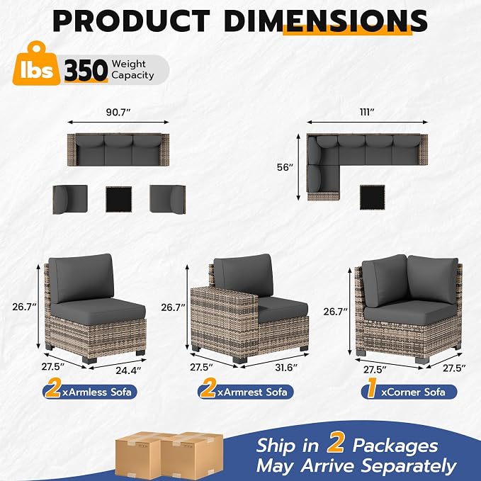 Patio Furniture Set, Wide Armrest Outdoor Furniture Set with Thick Cushions, 6 Piece Wicker Rattan Patio Sectional Sofa for Backyard, Poolside, Garden