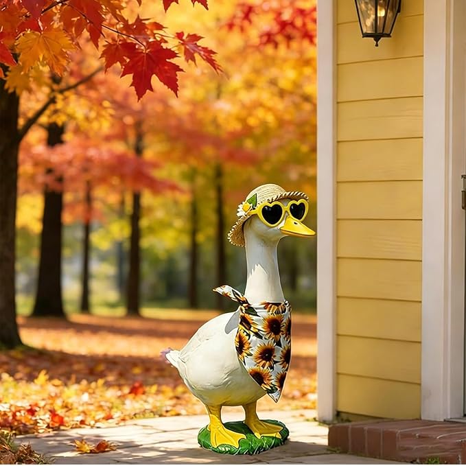 Sunflower Porch Goose Outfits, Goose Statue Clothes with Straw Hat + Heart Sunglasses + Sunflower Triangle Bandana for 17'' / 23'' Lawn Statues Outdoor Garden Yard Decor