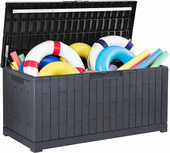 YITAHOME Large Deck Box 120 Gallon Resin Outdoor Storage Box with Slide-Locking Lid, Patio Storage Bin Bench Seat for Outdoor Pillows, Garden Tools and Pool Supplies, Waterproof Lockable, Dark Gray