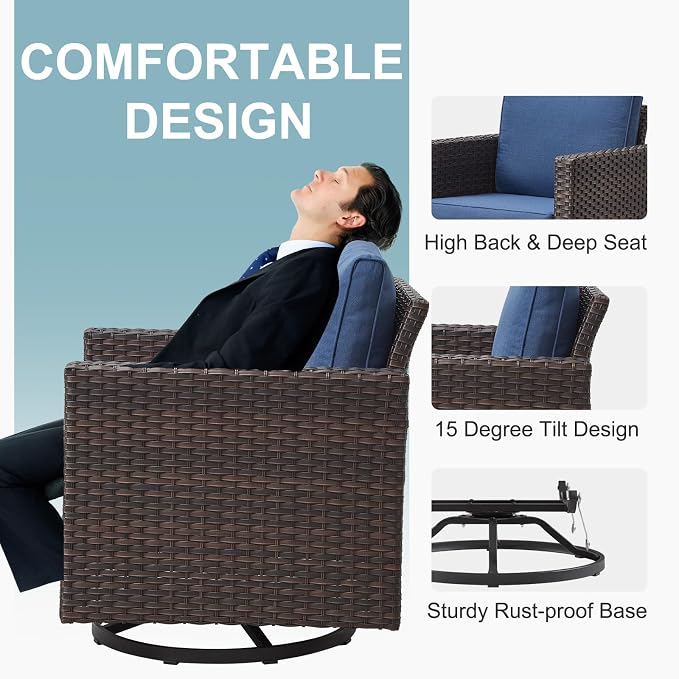Belord 5 Pieces Wicker Patio Furniture Set: 4 Outdoor Swivel Glider Rocker Patio Conversation Set with 50000BTU Propane Fire Pit Table, All Weather Brown Rattan Anti-Rust Frame, Blue Cushion