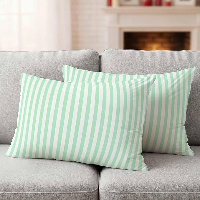 Lumbar Pillow Covers 20x12 Inch Set of 2, Green White Stripe Waterproof Outdoor Cushion Covers, Modern Minimalist Geometric Striped Decorative Pillowcases for Couch, Sofa, Bed, Garden, Patio