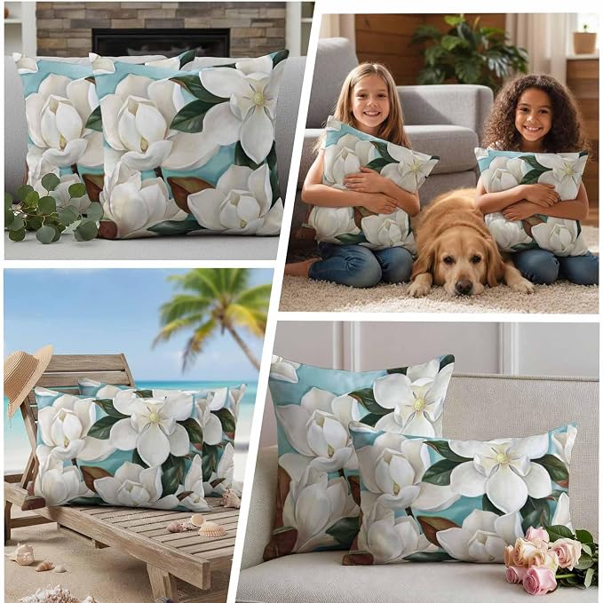 Outdoor Pillow Covers Waterproof, Close-up Blooming White Magnolia with Green Leaves All Weather Cushion Case Set of 2, Oil Painting Flower Decorative Pillowcases for Sofa Patio Furniture 20"x20"