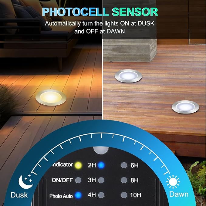 Dimmable LED Deck Lights with Timer and Photocell Sensor and Protecting Shell φ32mm,20Pack Outdoor LED Smart Deck Lighting IP67 Waterproof for Garden,Yard Stair, Patio, Floor Decoration