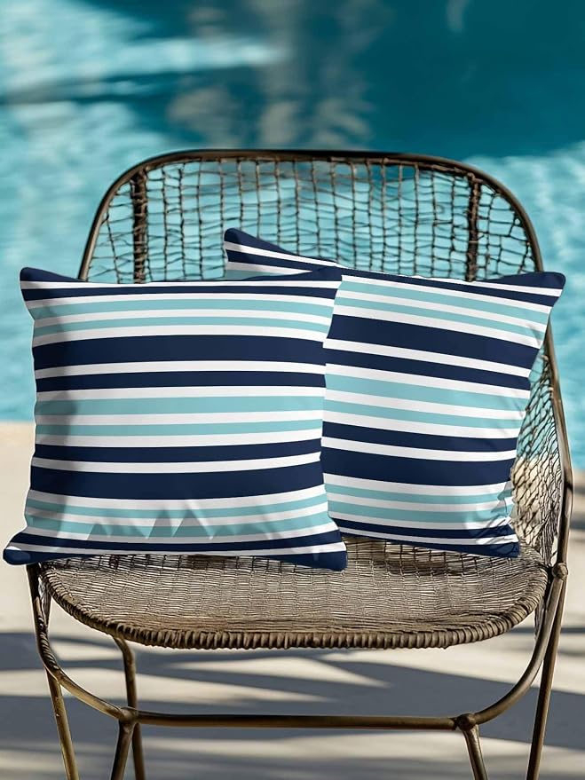 Outdoor Waterproof Throw Pillows Nautical Navy Blue Contrast Stripe Patio Pillows Pack of 2,Decorative Pillow Covers with Insert,Pillow Cushion Case for Garden Couch Sofa Modern Minimalist Line