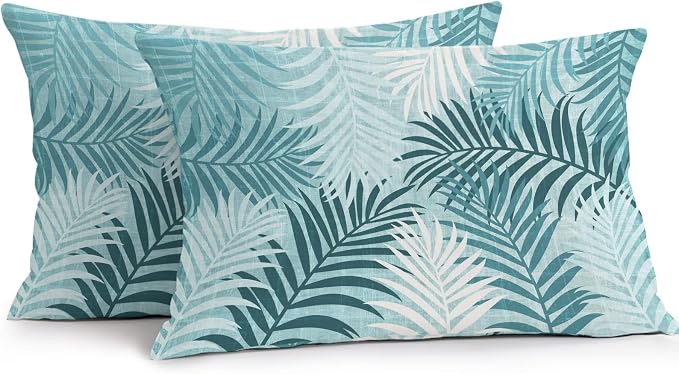 Turquoise Palm Leaves Waterproof Outdoor Pillow Covers Set of 2 Home Decor, Summer Tropical Leaf Plant Lumbar Pillowcase Patio Pillow Covers for Couch Bench Patio Furniture Garden 20x12in