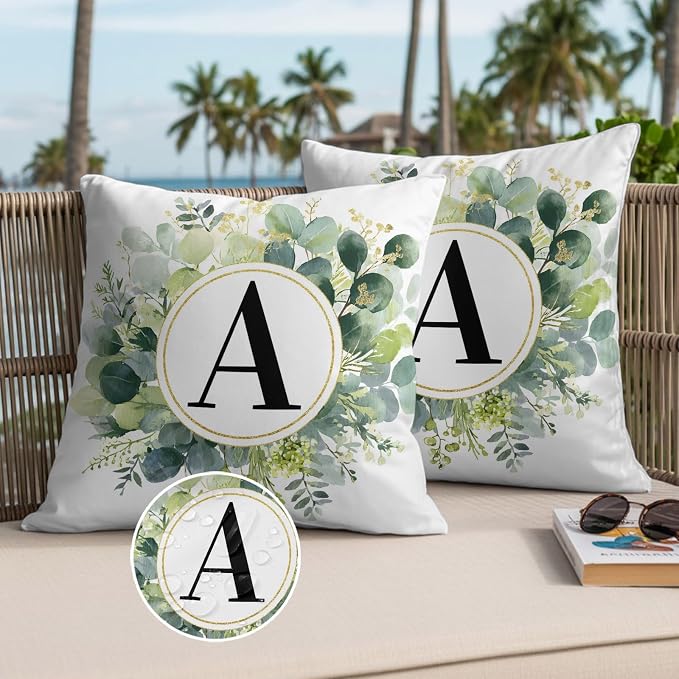 Letter A Waterproof Outdoor Pillow Covers Set of 2 Home Decor, Alphabet Green Eucalyptus Leaves Pillowcase Patio Pillow Covers for Couch Bench Patio Furniture Garden 18x18in