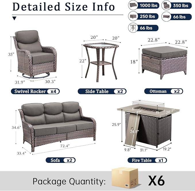 Luxury 6" Thick Cushion 11 Pieces Wicker Patio Furniture Set with 41”Fire Table, Outdoor Conversation Set with Swivel Rocker Chairs Set of 4 and Patio Couch for Deck Porch Yard and Poolside