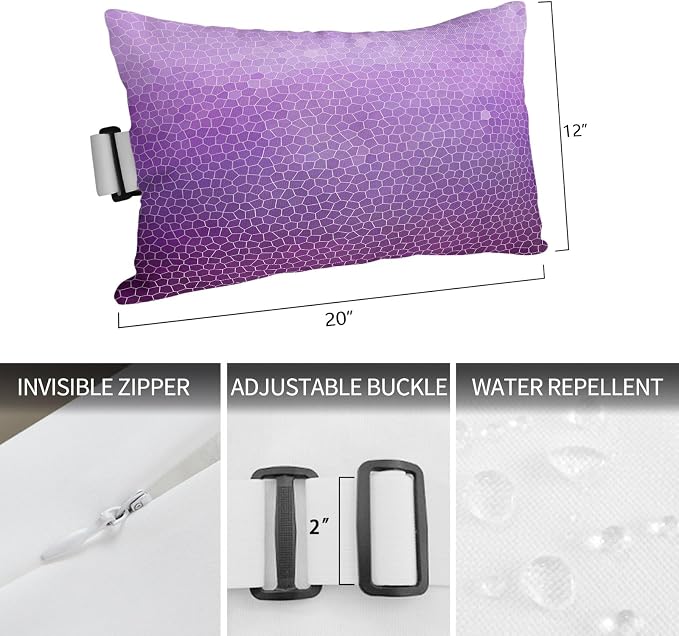 Chaise Lounge Headrest Pillow 1 Pack, Purple Ombre Waterproof Chair Pillows with Insert & Adjustable Elastic Strap for Beach Pool Recliner, Geometric Stained Glass Outdoor Patio Pillow