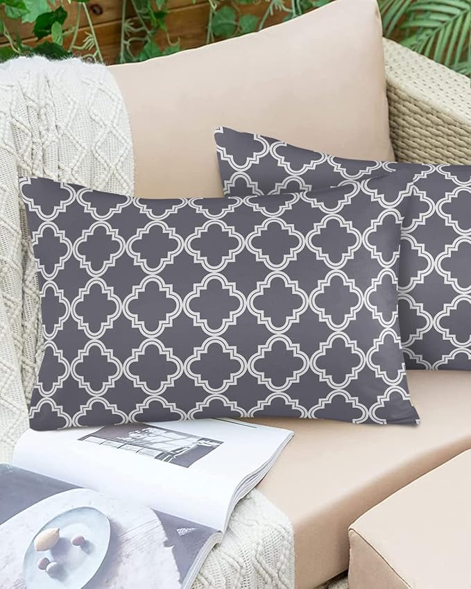 Outdoor Waterproof Pillow Covers for Patio Furniture Moroccan Pattern Decorative Throw Pillow Cover Dark Grey Pillowcases Set of 2 Cushion Case for Sofa Couch Chair Home Decor 20x12 inch